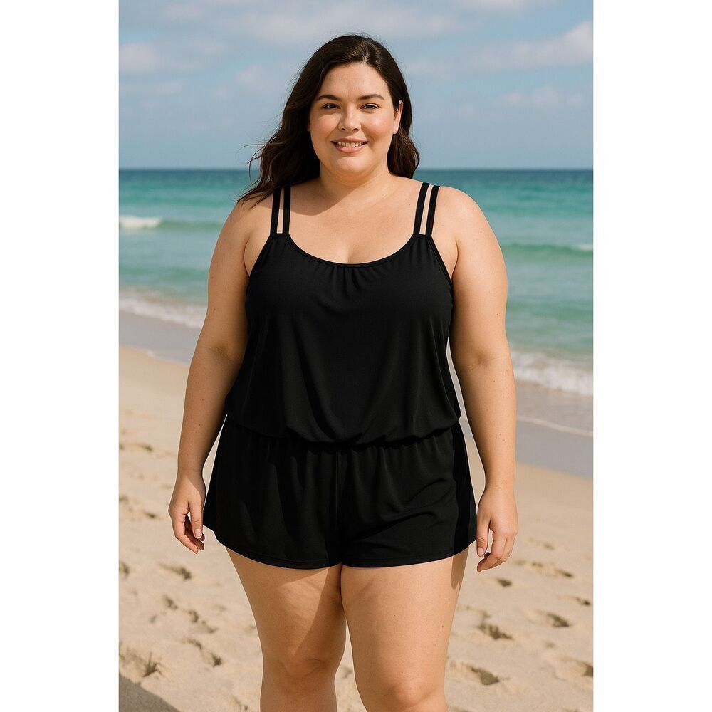MAXINE Women’s NWT Solid Plus Swim Romper Tankini Size 22 Swimsuit Black